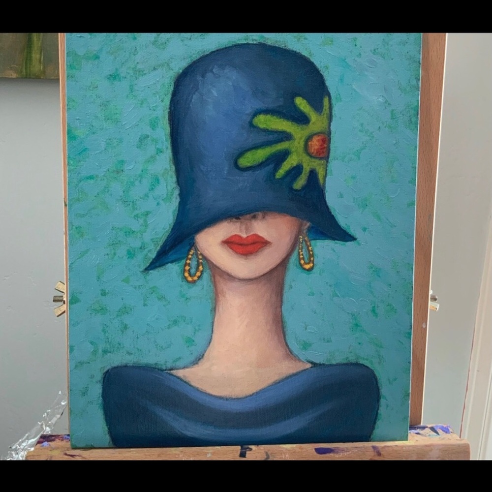 Original Oil Painting “Shy Lady” w/ Red Lipstick and Hat Vintage Style 9” x 12”